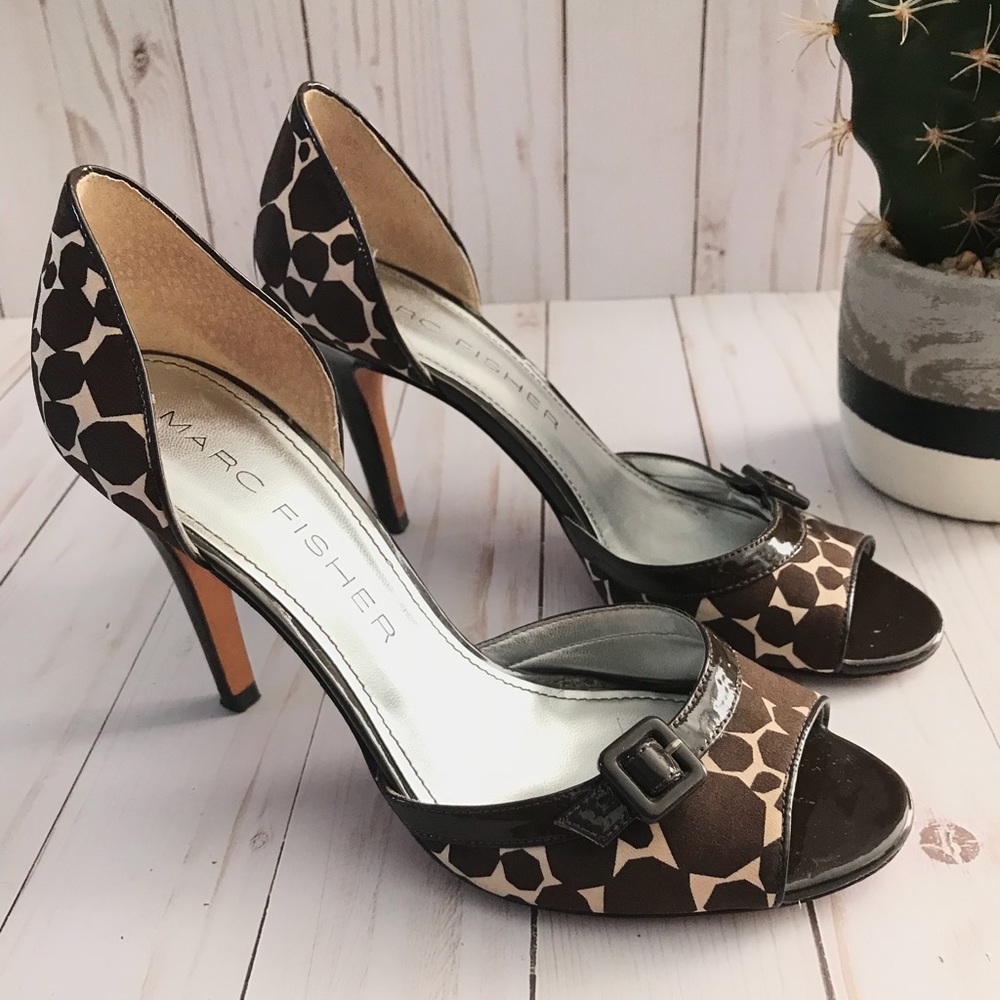 Marc Fisher Synna Brown Printed Open Toe Pumps